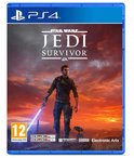 Playstation 4 speldoosje Star Wars Jedi: Survivor met een man en een robot bij zonsondergang.