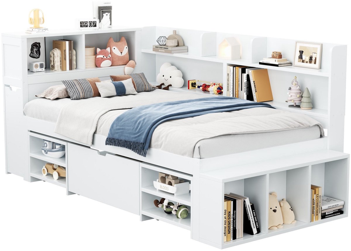 Merax Kinderbed 90x190 cm - Eenpersoonsbed - Bed met Opbergruimte - Multifunctioneel Bed met Lades en Planken - Inclusief Lattenbodem - Wit - Zonder Matras