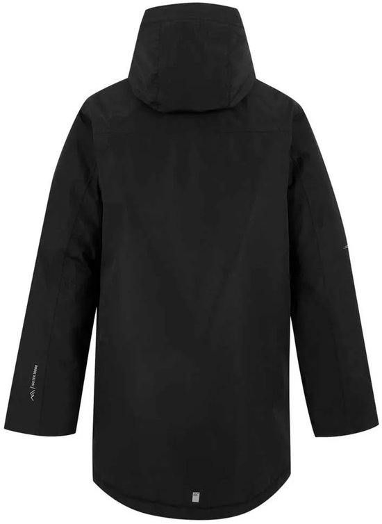 Zwart kinderjack met capuchon, van achteren gezien.