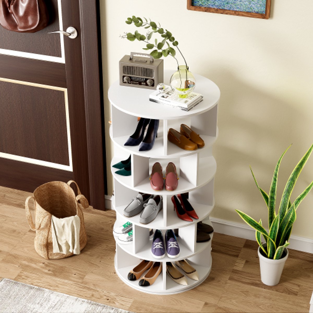 OKWISH Schoenenrek – Draaibaar Hoekontwerp – 5 Niveaus, 25 Vakken – 60x60x115 cm – Multifunctioneel Voor Schoenen En Planten – Spaanplaat Wit