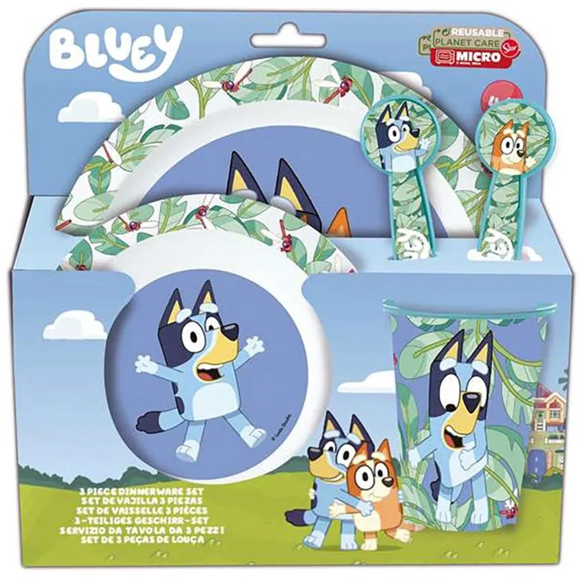 Bluey Kinderservies - 5-delig - Herbruikbaar - Inclusief bord, kom, bestek en beker - Vaatwasser- en microgolfbestendig & BPA-vrij - Wit/Blauw — afbeelding 1