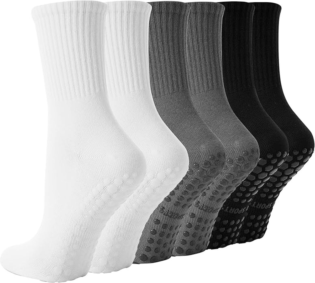 Kraftverdia Sokken Dames Antislip 3-Pack – Damessokken – Noppen Design – Eén Maat – Huissokken Dames anti Slip – Gripsokken voor Yoga Pilates Ballerina Ballet – Donkergrijs Wit Zwart