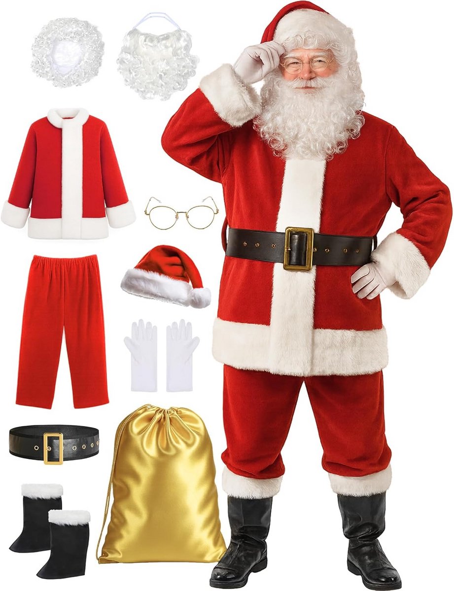 Deluxe Kerstman Kostuum voor Heren – 10-delig Rood Kerstpak voor Cosplay en Feest
