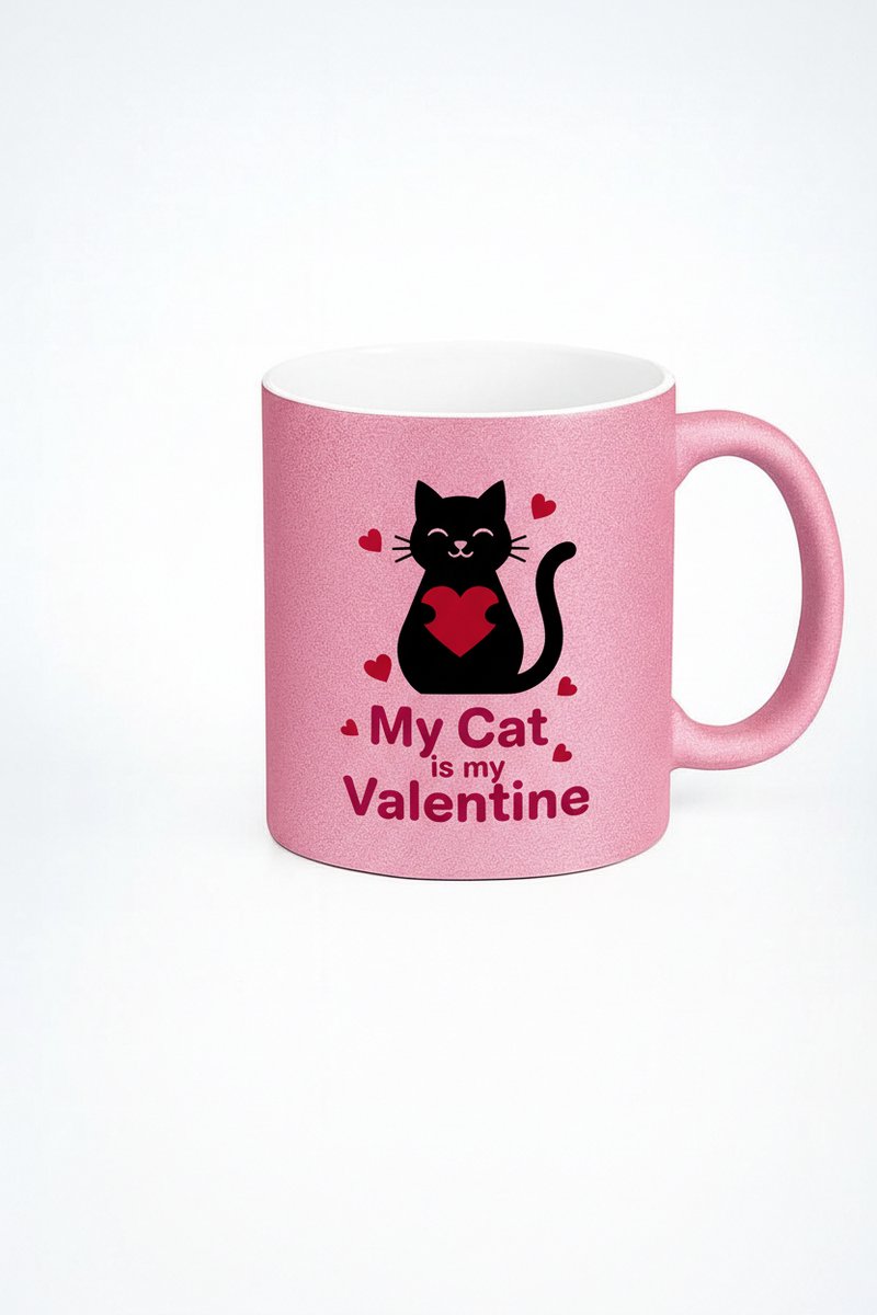 Roze Glitter Valentijn Mok Kat met Hart - 'My Cat is my Valentine' Cadeau