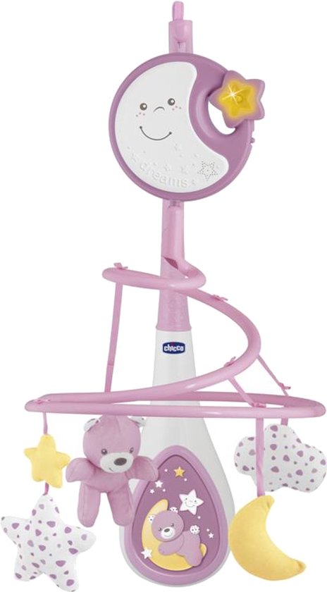 Een roze muziekmobiel met een maan, sterren en een teddybeer.