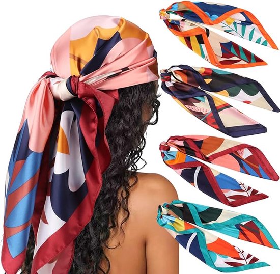 Set van 4 grote vierkante satijnen sjaals voor dames, haaraccessoires met klassieke patronen, strandbandana's