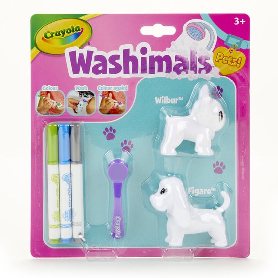 Washimals Pets! Wilbur en Figaro, twee witte hondjes om te kleuren met drie stiften en een borstel.