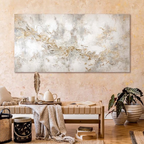 YS Peinture "Histoire" - Tableau sur toile peint à la main 100x50 cm - Décoration murale Abstraite - Beige et or - Moderne - Décoration murale salon - Décoration chambre - Accessoires de chambre - Tableaux abstraits sur toile - tableau salon