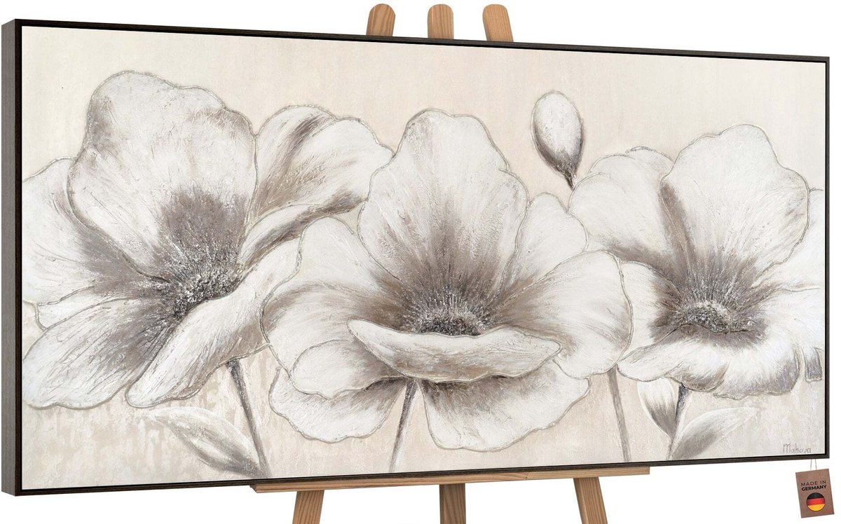 YS Schilderij Canvas schilderij groot handgeschilderd bloemen II botanisch kleurrijk Ð YS-Art Gallery Ð Luxe wanddecoratie voor woonkamer Ð Modern schilderij voor slaapkamer en hal Grey 120x60