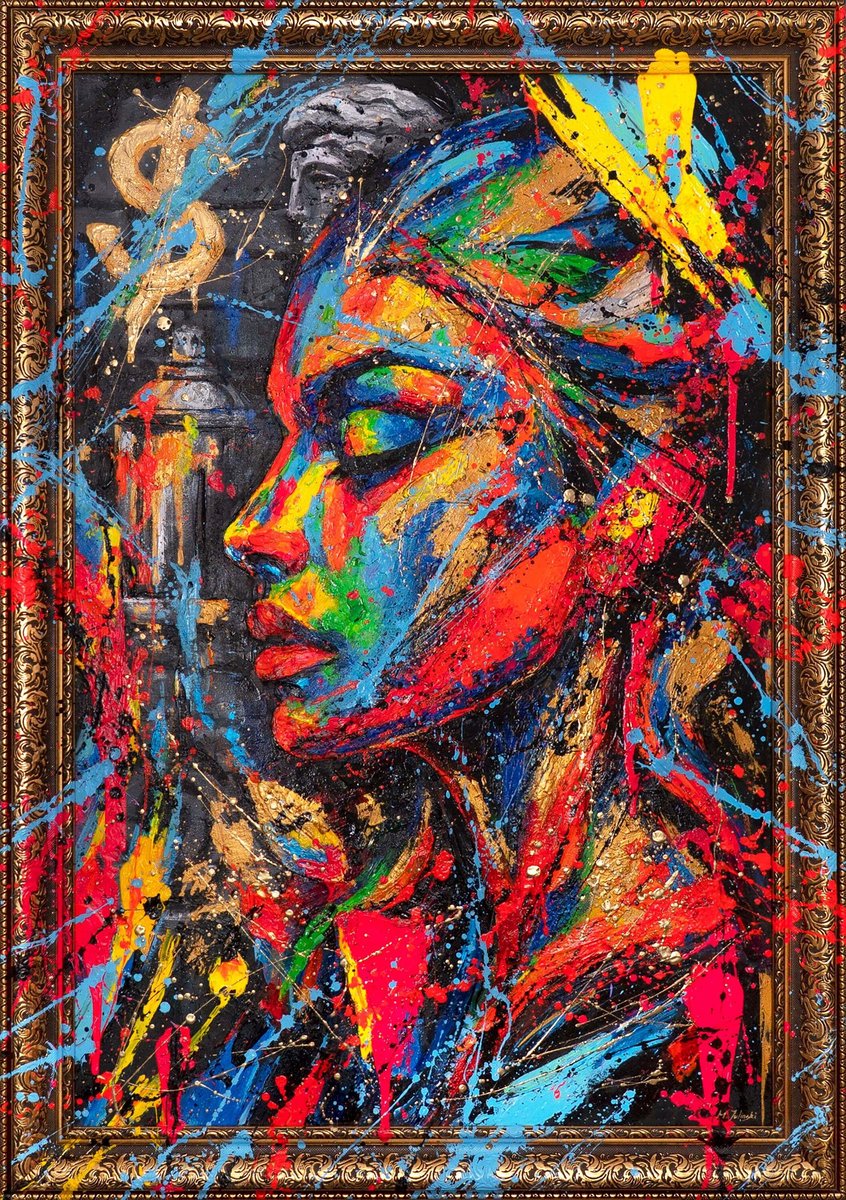 YS Canvas schilderij landschapsformaat handgeschilderd stedelijke muze urban expressief – YS-Art Gallery – Inspirerende wanddecoratie voor woonkamer – Modern schilderij voor kantoor en hal Gold