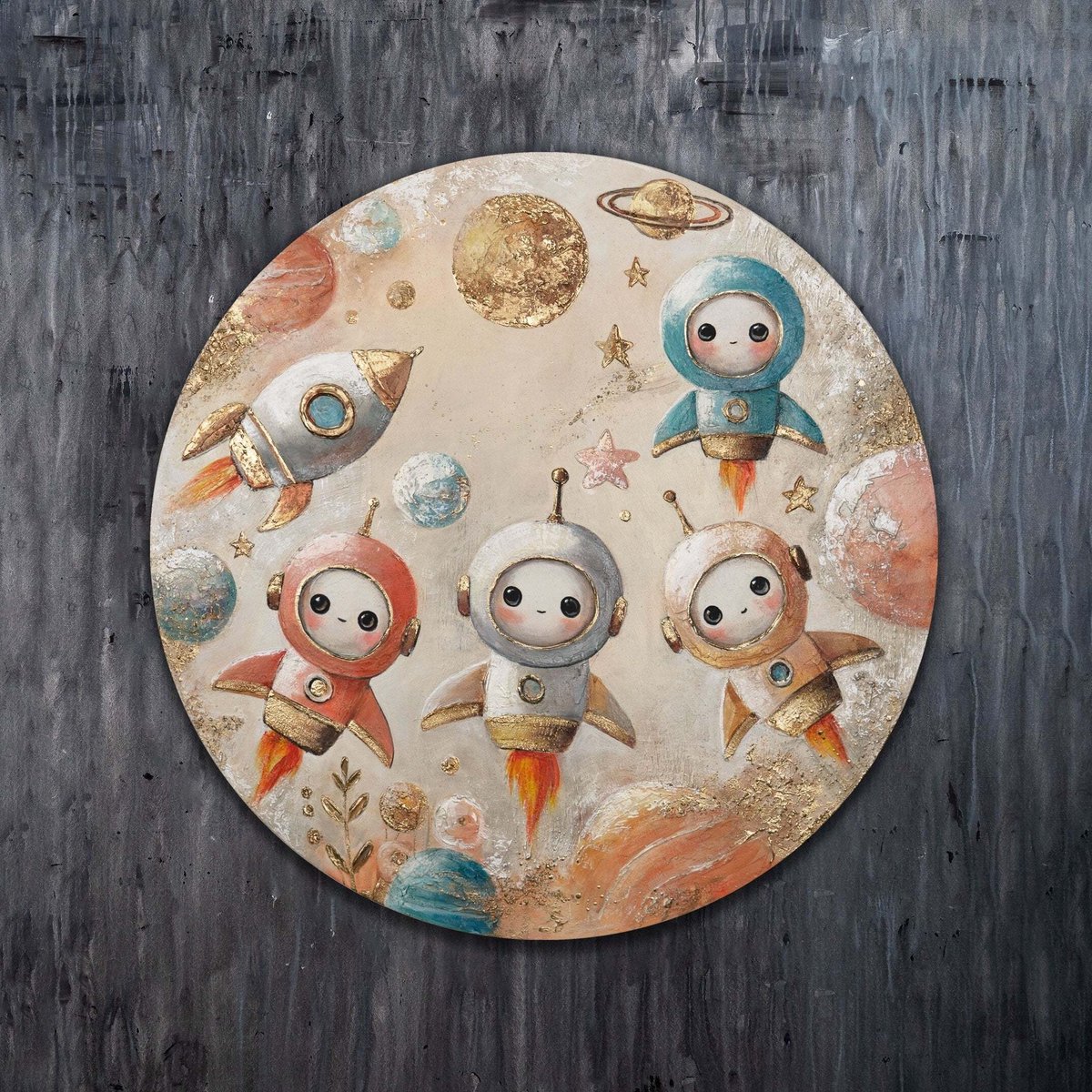 Canvas schilderij 60x60 cm handgeschilderd baby astronauten kosmisch speels – YS-Art Gallery – Charmante wanddecoratie voor woonkamer – Schilderij voor kinderkamer en hal
