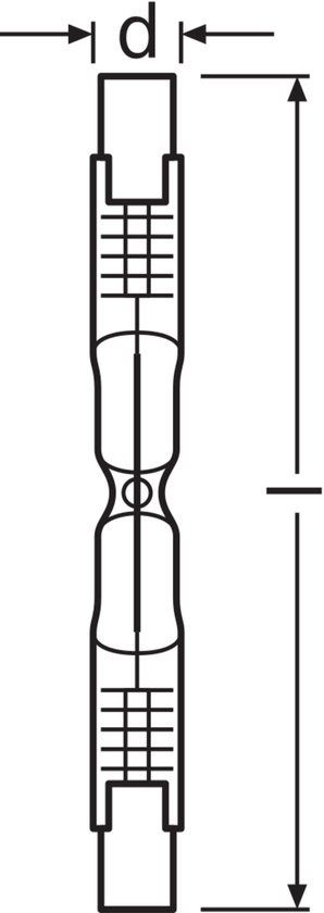 Technische tekening van een halogeenlamp met afmetingen 'd' en lengte.