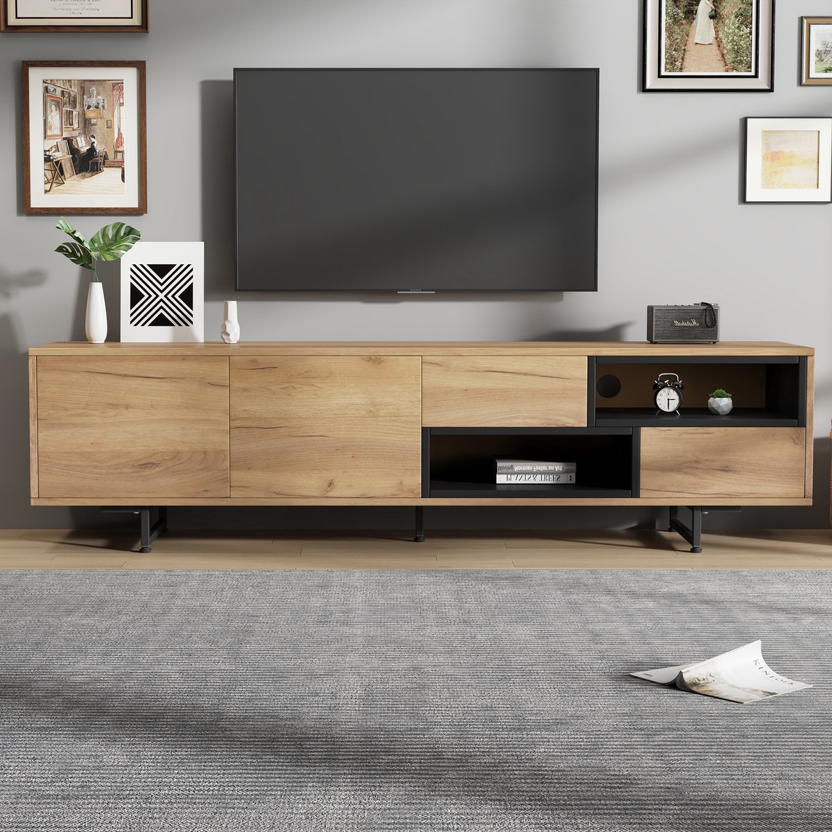 Clruro Lowboard - 173x38x48 cm - Voor 70 Inch TV - Veel Opbergruimte - Spaanplaat - Houtkleur