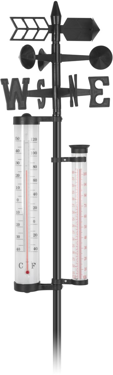 Tuin Weerstation Buiten – Thermometer / Regenmeter / Windvaan – 145 cm Hoog – Analoge Weermeter – Met Grondpen – Voor Temperatuur, Neerslag en Windrichting [11278]