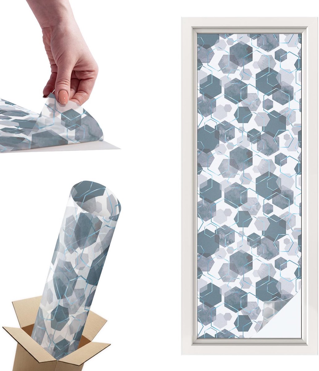 TULUP Raamfolie Anti inkijk - Geometrische zeshoeken Privacy Folie Raam - 50x146 cm - Marine Anti inkijk Folie - Raamfolie Tegen inkijk Glas in Lood - Voor op kantoor, voor de woonkamer, voor de hal - Raamfolie Zonwering Marine - Geometrische zeshoeken