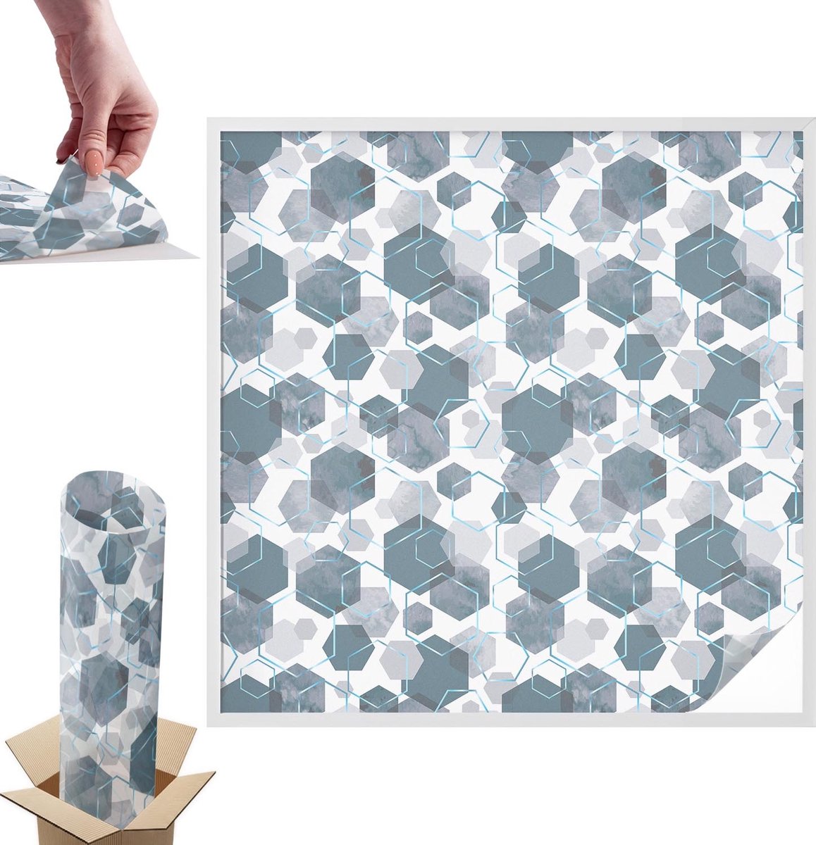TULUP Raamfolie Anti inkijk - Geometrische zeshoeken Anti inkijk Raamfolie - 100x100 cm - Marine Raamfolie Tegen inkijk - Zelfklevende Anti inkijk Folie Glas in Lood - Voor op kantoor, voor de woonkamer, voor de hal - Raamfolie Zonwering Marine - Geometrische zeshoeken