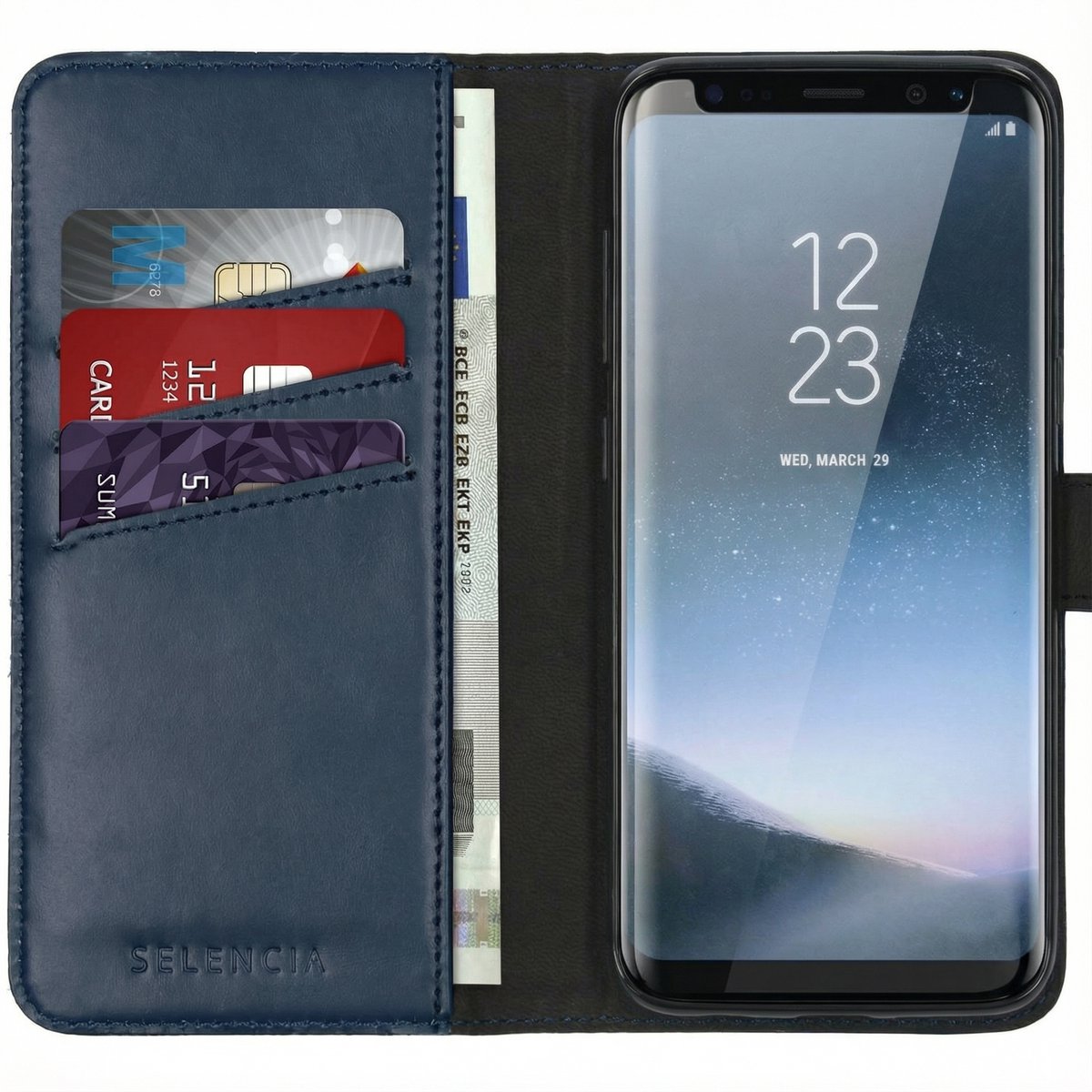 Selencia Hoesje - Geschikt voor Samsung Galaxy S8 - Echt Lederen Bookcase - Blauw