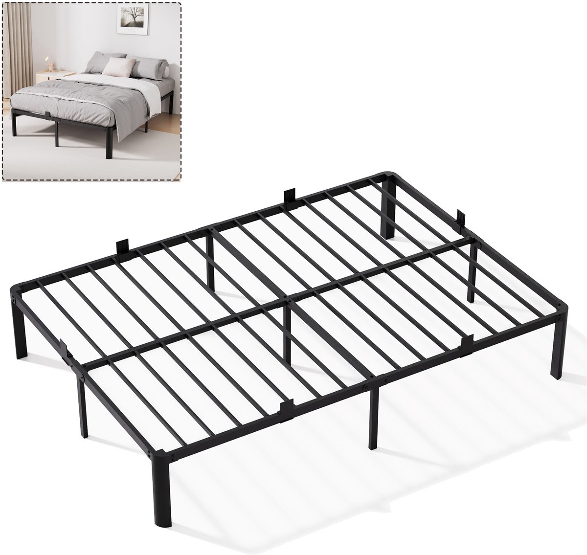 Sofetiy Metalen bed tweepersoonsbed - 140x190 cm Bedframe - incl. bedbodem en Lattenbodem - Extra Stevig & Krasvrij - Minimalistisch - Grote Opbergruimte - IJzeren Bed - Voor 2 personen - Eenvoudig te Monteren - Zwart