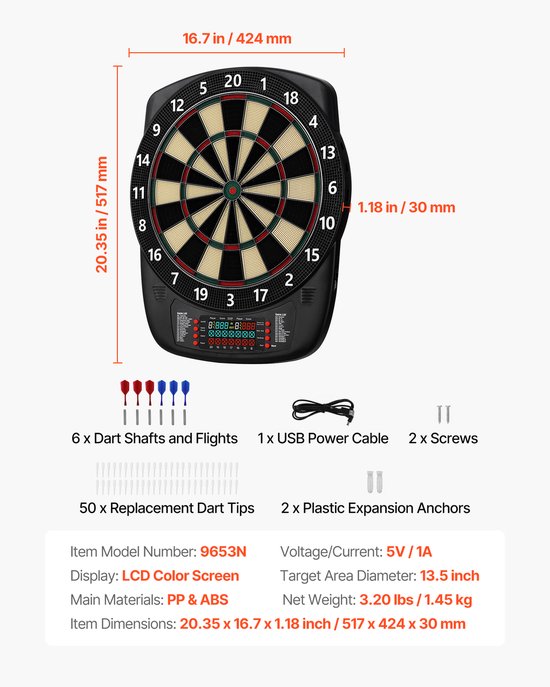 Elektronisch dartbord met een doel van 336 mm, 43 spellen en meer dan 200 variaties voor maximaal 8 spelers, inclusief 6 dartpijlen, flights en 50 soft tips, LCD-scorebord voor thuis en op feestjes van Merkloos — afbeelding 2