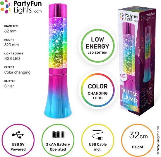 PartyFunLights - Glitter Tornado lamp - werkt op batterijen - Regenboog look van PartyFunLights — afbeelding 3