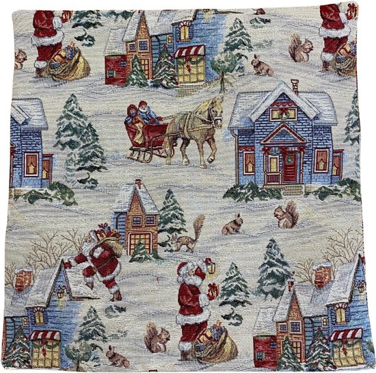 Kussenhoes - Gobelinstof - Kerst - Snowy Mountains - Sneeuwpoppen - Kerstmannen - Zilver glitterdraad - 45 x 45 cm