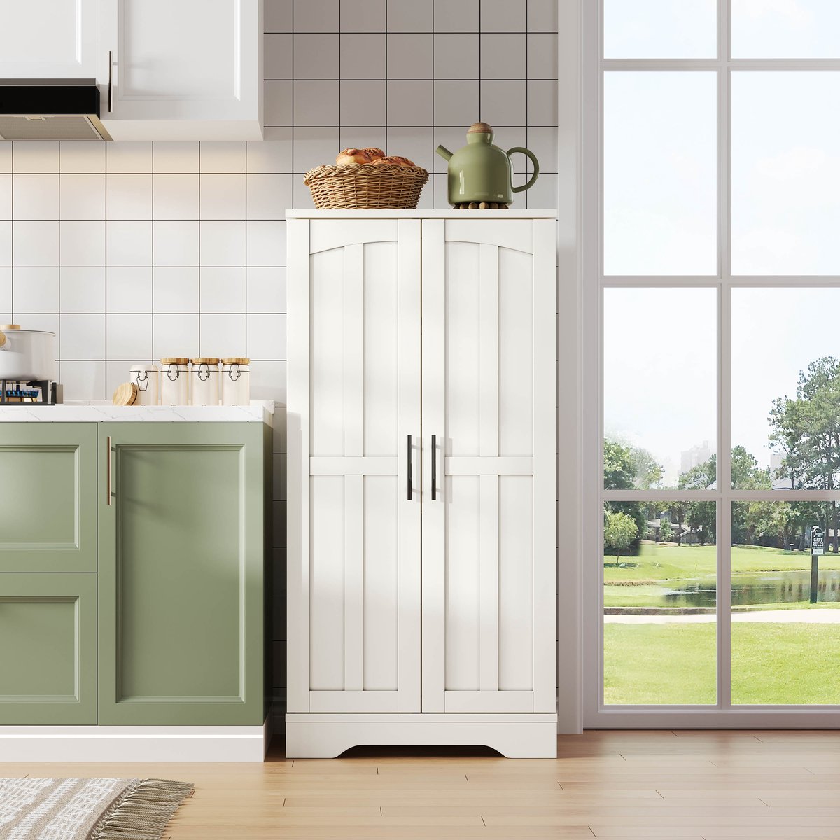 MODFU Keukenkast met LED-Sensorverlichting, 2 Deuren en Verstelbare Planken – Wit, 120x60x40 cm, Geschikt voor Keuken, Eetkamer of Woonkamer