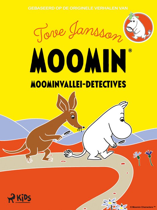 Moomin en Snufkin op onderzoek, met "Tove Jansson Moomin Moominvallei-detectives" tekst op een gele achtergrond.