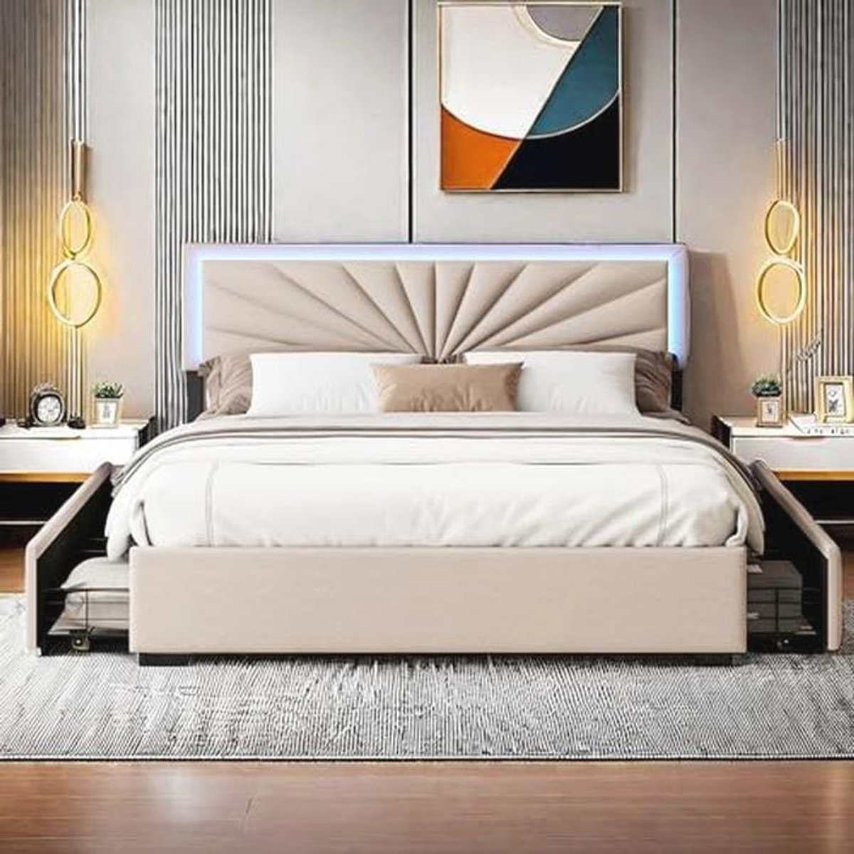 Gestoffeerd Tweepersoonsbed 160x200 cm met Opbergladen en LED-verlichting - Eenvoudige Montage
