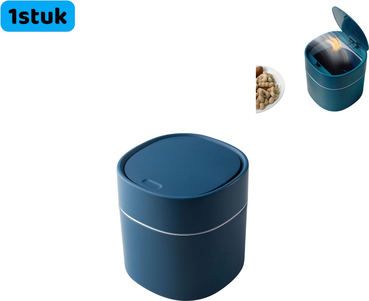 1 stuk - prullenbak - Mini-prullenbak - Veerbelaste deksel - Geschikt voor bureaus, tafels, salontafels of aanrechtbladen - Voor keukens en kantoren - Opbergbak voor diversen - blauw