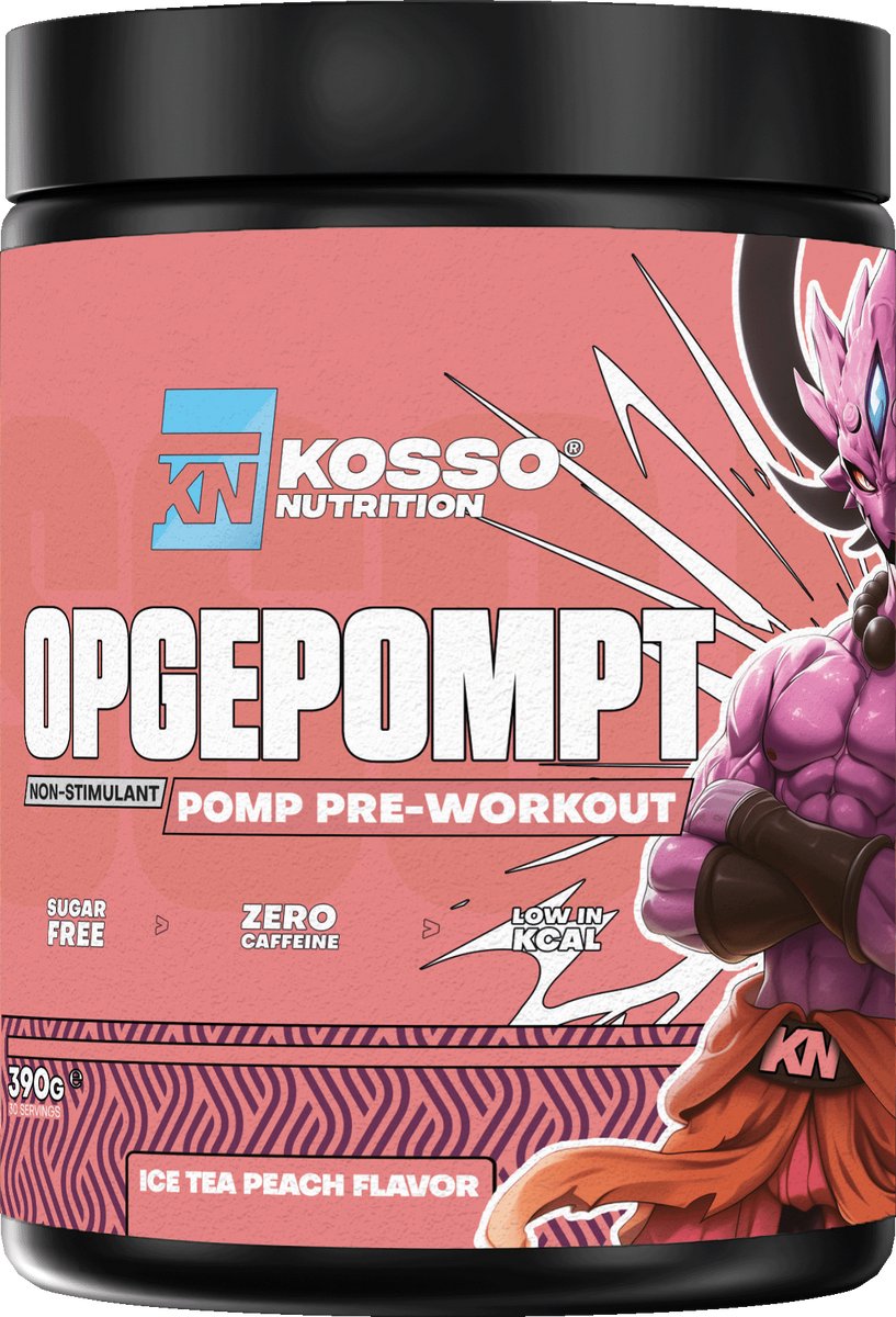 Kosso Nutrition – Opgepompt – Perzik – Cafeïnevrije Pre-Workout – Pomp & Focus – 390g