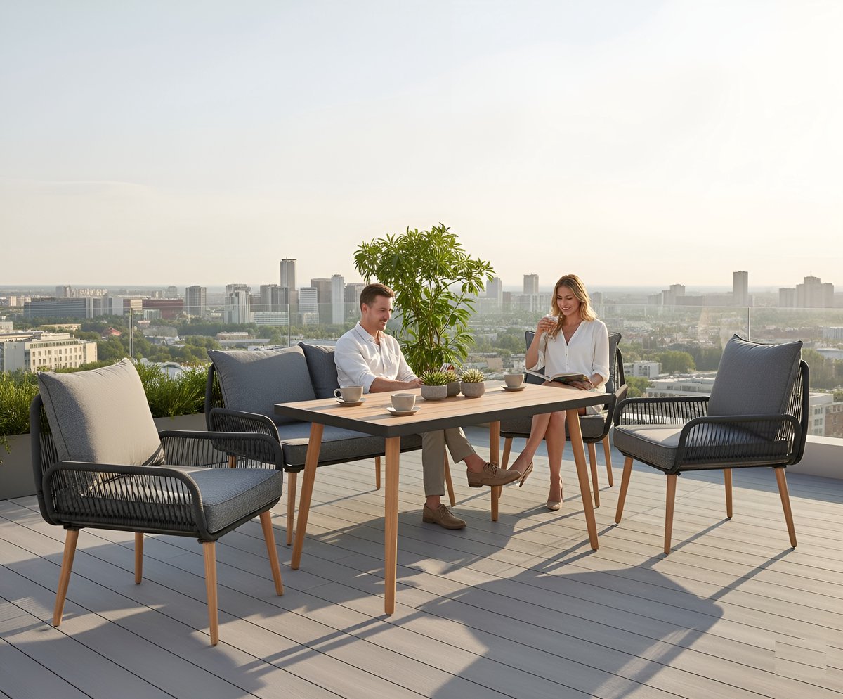 Loungeset voor Buiten – 4-Persoons Tuinset met Touwvlechtwerk, Kussens & WPC Tafelblad – Weerbestendige Zitgroep met Bank, Stoelen & Tafel – 179 cm Diepte – Antraciet/Hout – Altameubel Sienna Deluxe