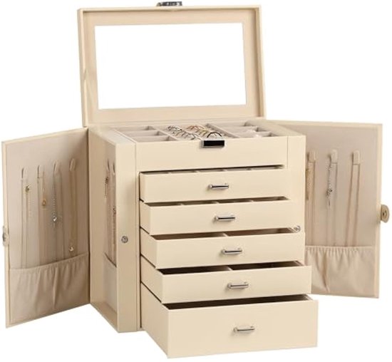 Frebeauty Sieradendoos, 6-laags PU-lederen sieradenkistje met slot, multifunctionele opbergdoos met 5 laden voor het plaatsen van de armband