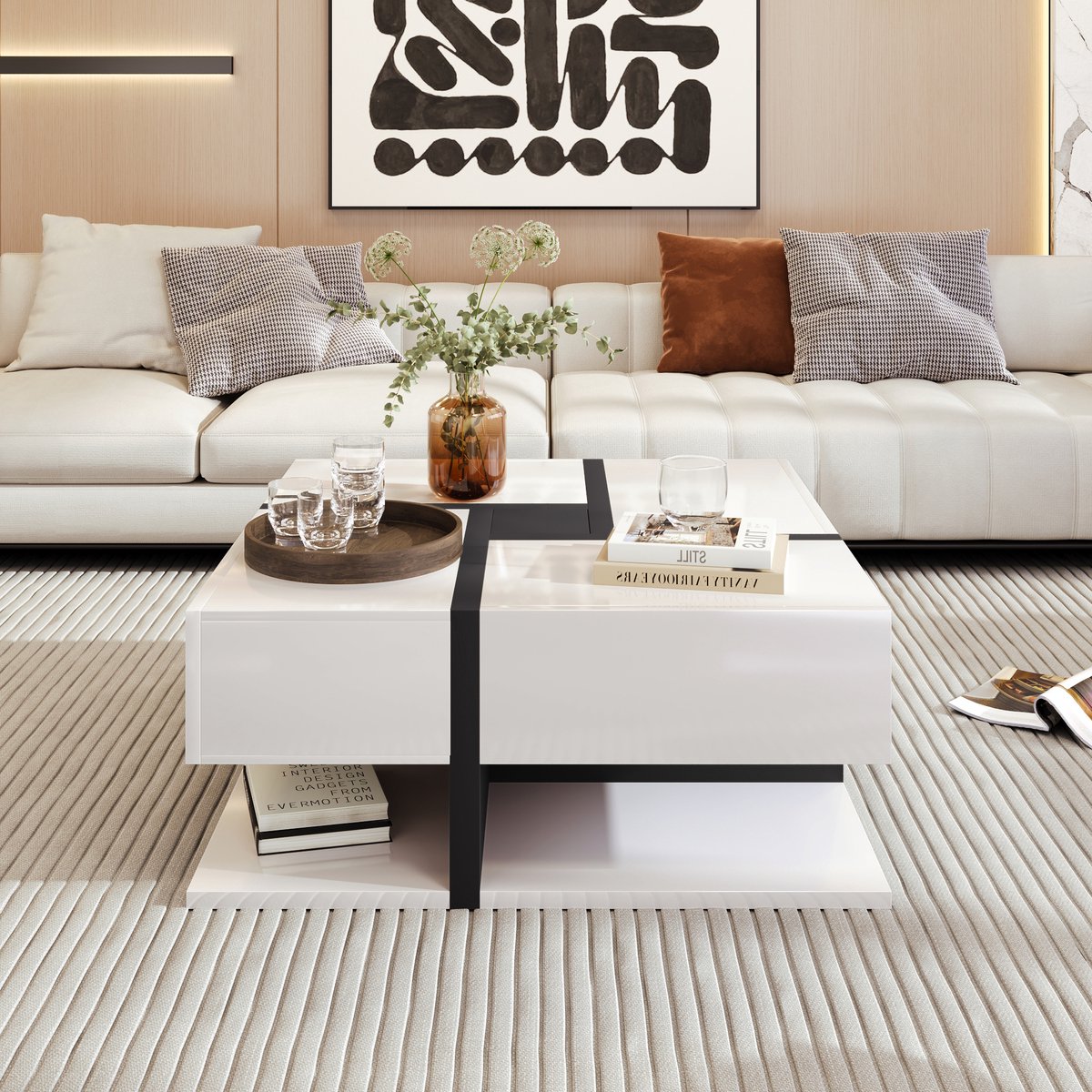 MODFU Hochglanz Couchtisch 78x78x36 cm mit 4 Schubladen, einzigartiges Farbabstimmungs- und Liniendesign, Stauraum unten Wit