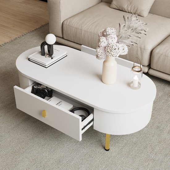 Table basse MODFU avec 2 tiroirs, poignées dorées, angles arrondis, plateau en bois et pieds en métal.