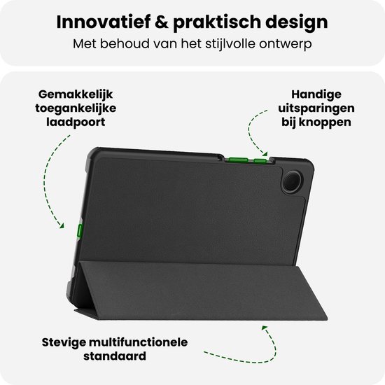 Zwarte, multifunctionele tabletcase met stevige standaard, handige uitsparingen en poort.
