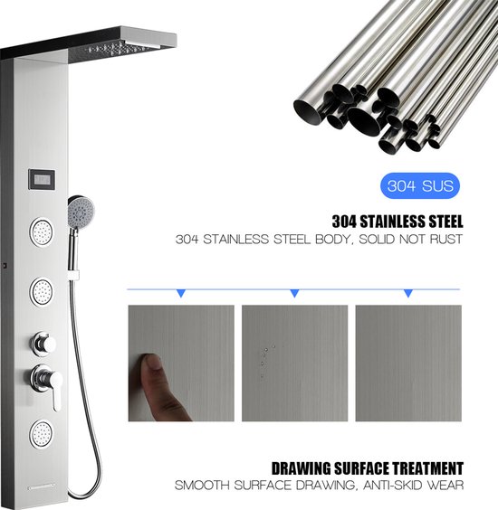 Gedetailleerde weergave van de led-atmosfeerlamp van een douchepaneel. Blauwe led-lampjes lichten op onder de douchekop.