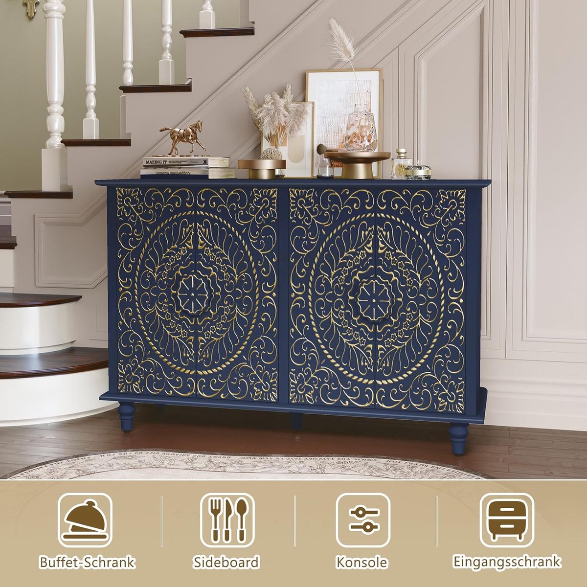 Sideboard Altameubel – Rustiek Vintage Küchenschrank mit 4 Türen und verstellbaren Einlegeböden – Multifunktionaler Aufbewahrungsschrank für Wohnzimmer, Küche und Esszimmer – Blau – 38x121x80 cm