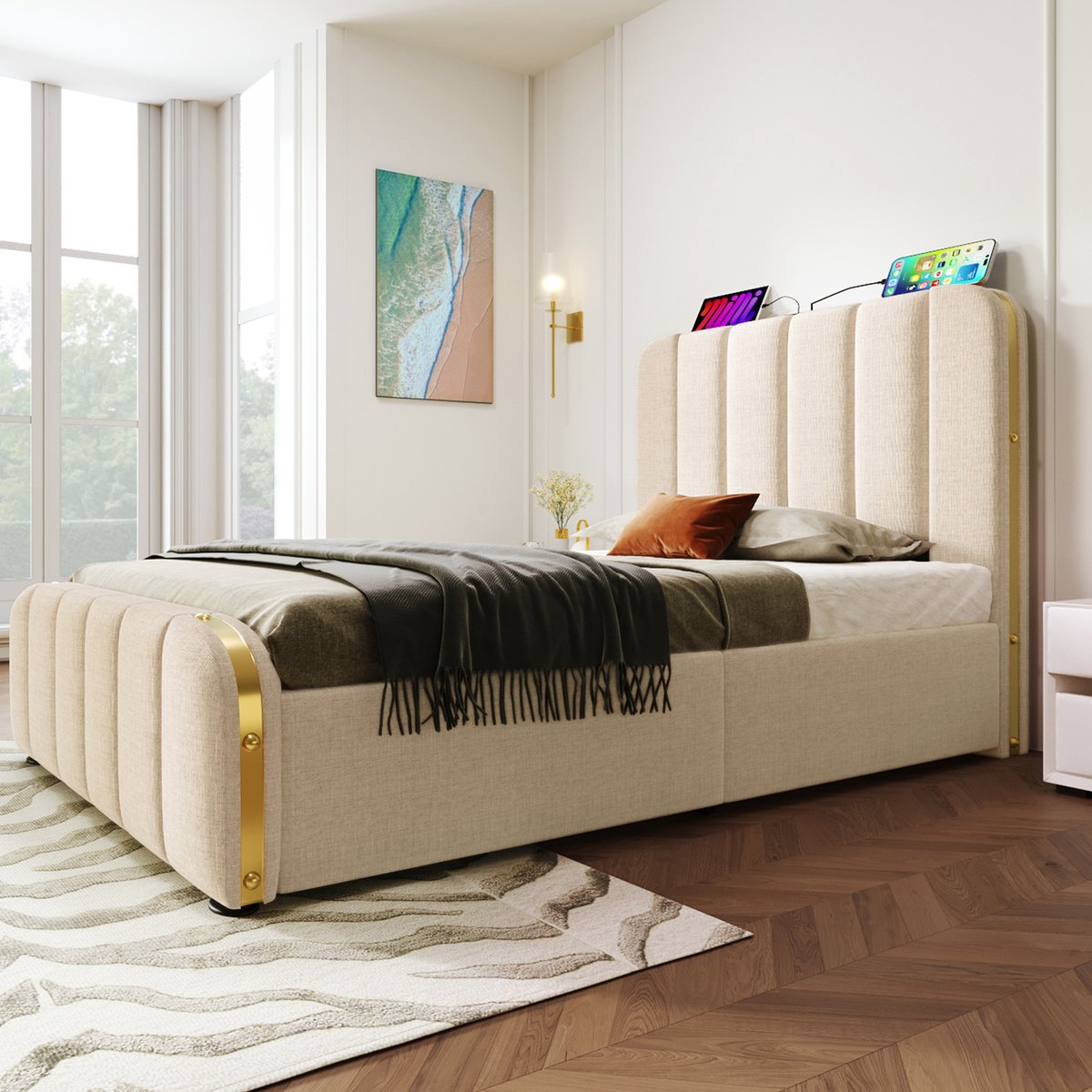Merax Gestoffeerd bed 90x200 cm - hoofdeinde met gouden sierstrips - USB Type-C oplaadfunctie - met 4 lades - beige - zonder matras