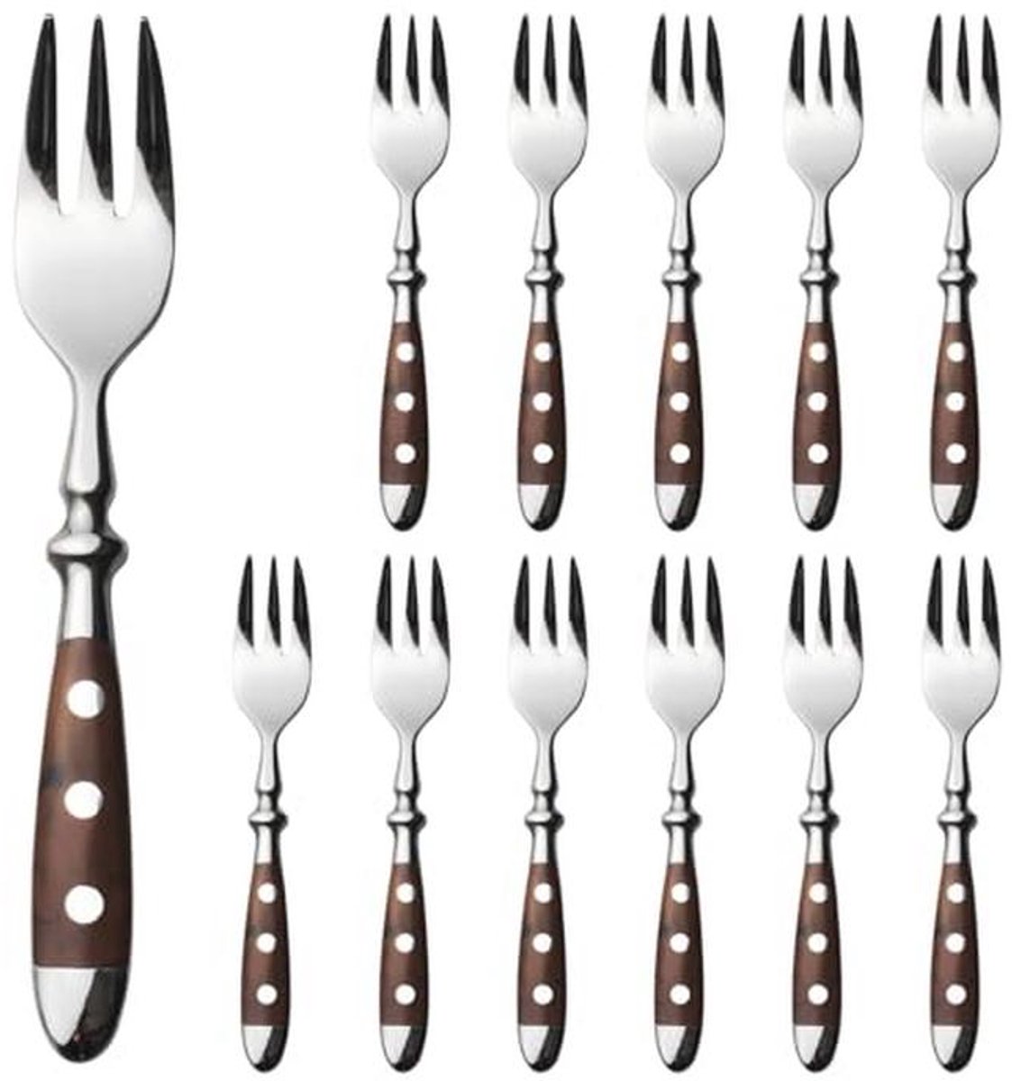 12 Stuks Roestvrij Stalen Dessertvorken met Bruine Handvatten - Vaatwasmachinebestendig en Ergonomisch Ontwerp