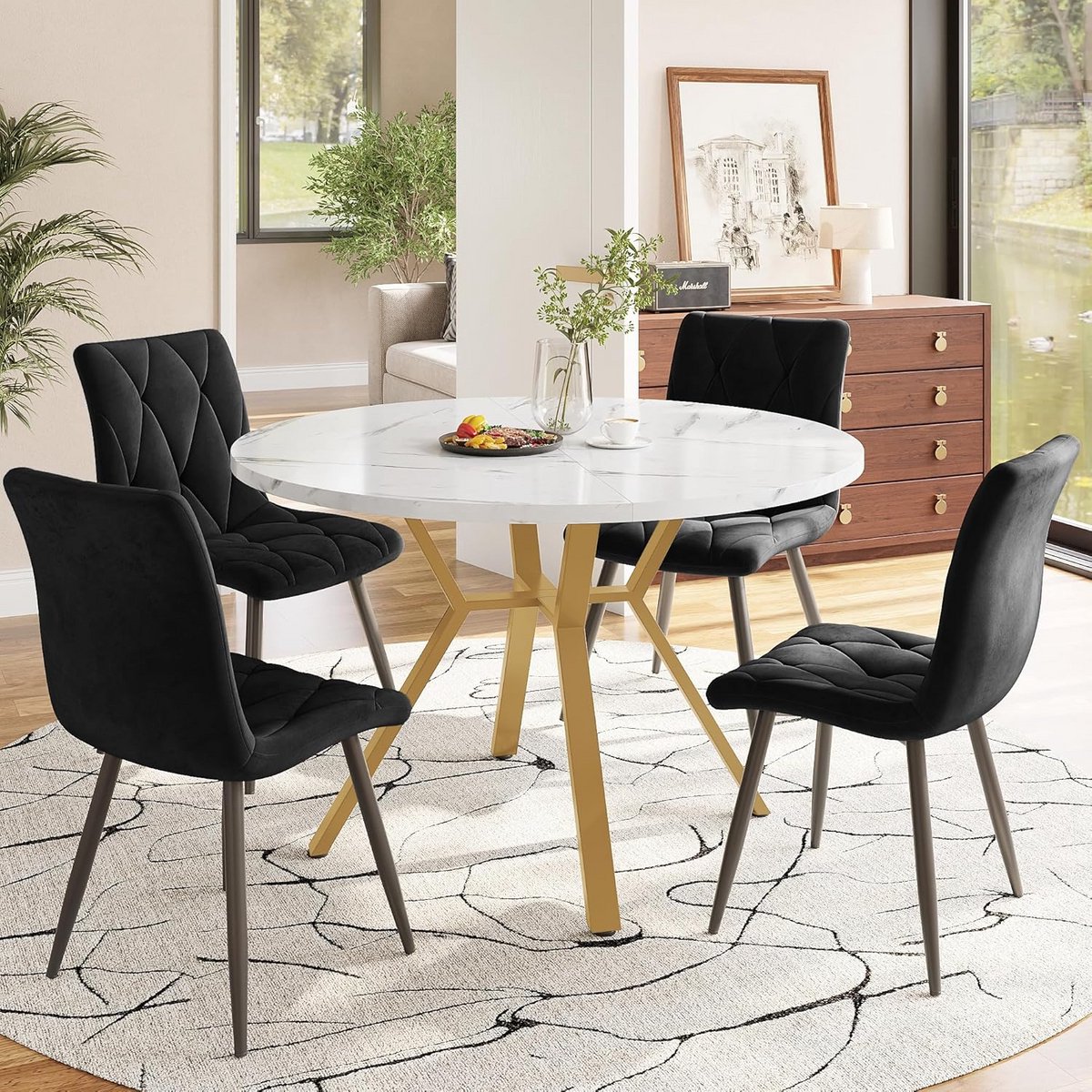 Ronde Eetkamerset met Marmeren Tafel en 4 Zwarte Stoelen