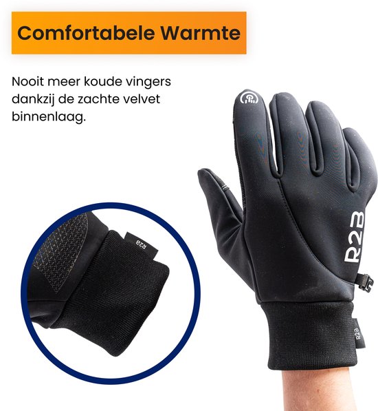 Hand met zwarte R2B handschoen, die de zachte voering en het comfort benadrukt. Close-up van de polsband.