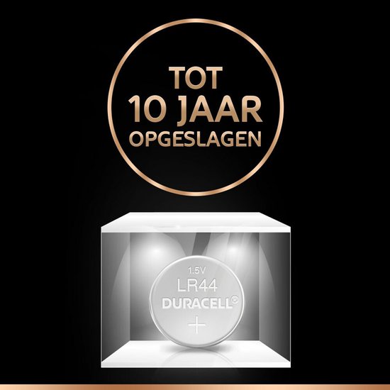 Duracell LR44 batterij, 1.5V, met tekst '0% Kwik' en 'Kwikvrij' op zwarte achtergrond.