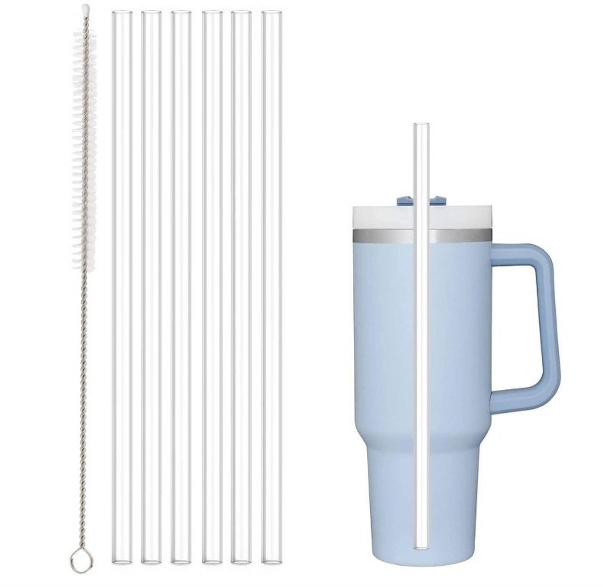 Geschikt voor Stanley rietjesset van 1,2 liter, vervangingsset met rietjes en borsteltje, transparante rietjes, verpakking met 6 rietjes en 1 borsteltje (rietjes 30,5 cm, borsteltje 27 cm lang).
