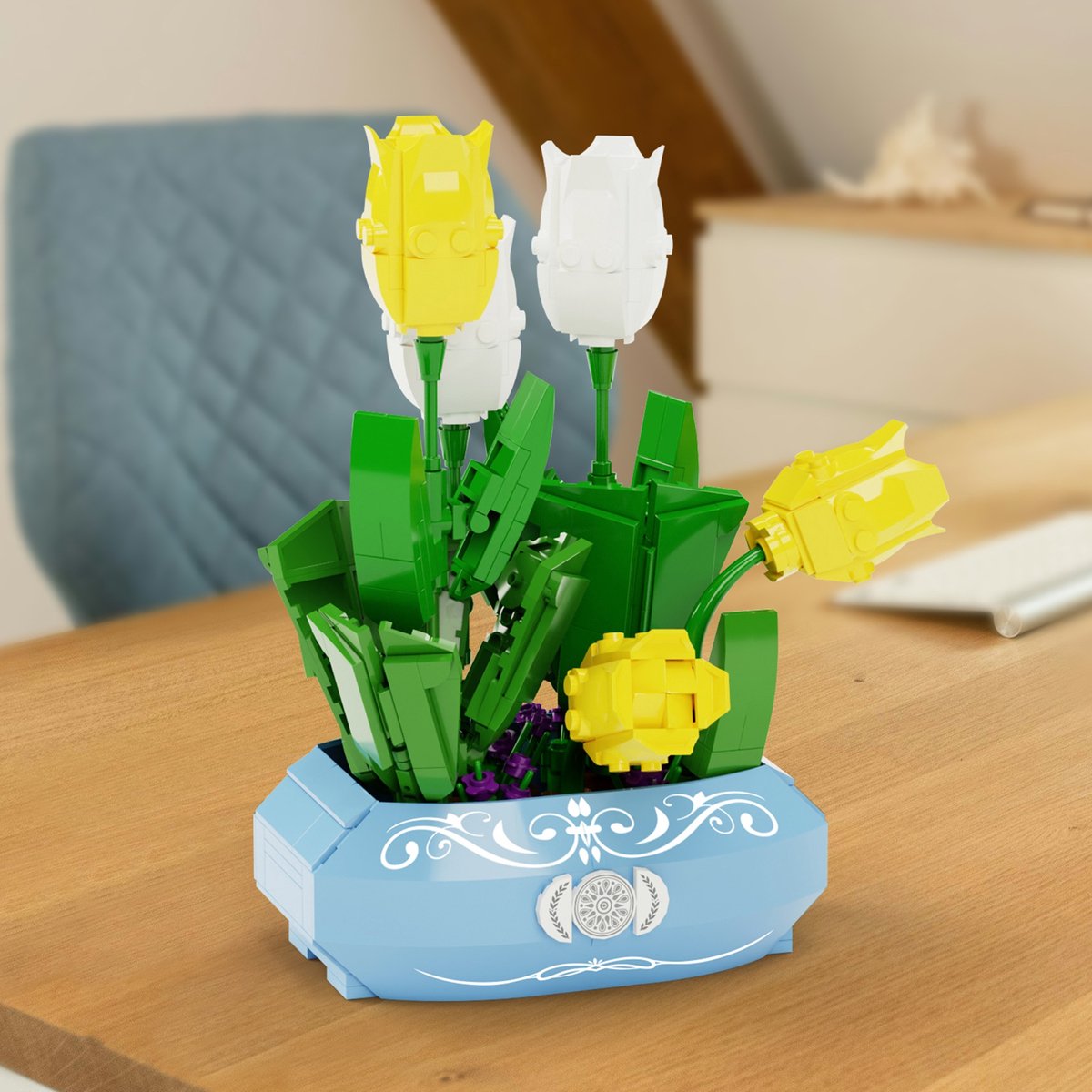 Set met bouwstenen voor een boeket bloemen, prachtige kleurrijke bouwstenen voor bloempotten en planten