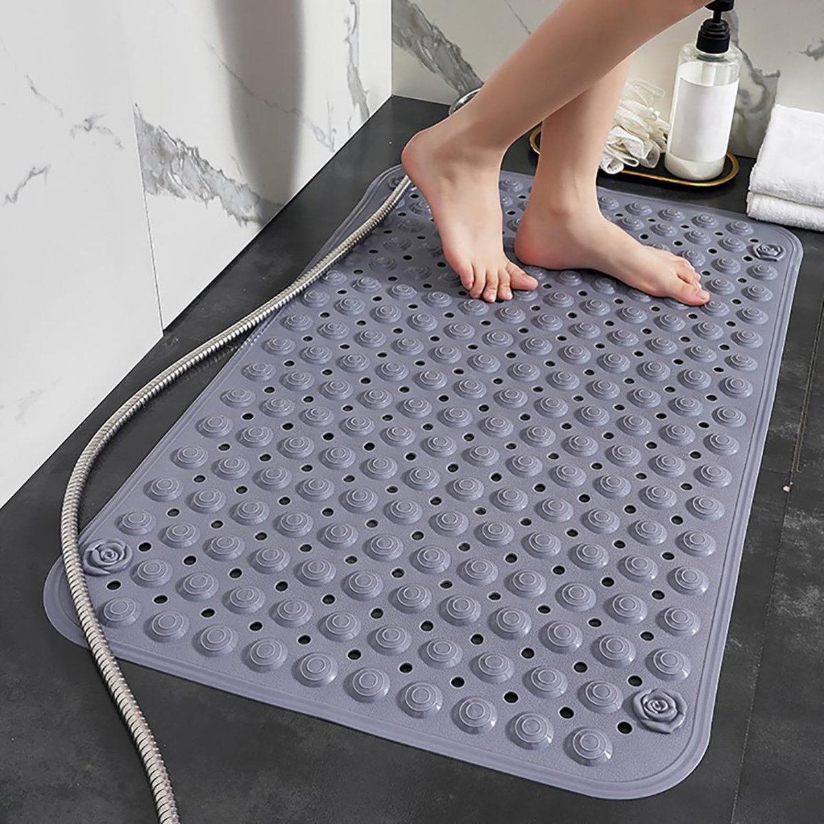 Stunq® Douchemat, antislip, pvc-materiaal, schimmelbestendig, met afvoergaten en zuignappen, massagemat, zacht comfort voor de doucheruimte, 60 x 90 cm, grijs