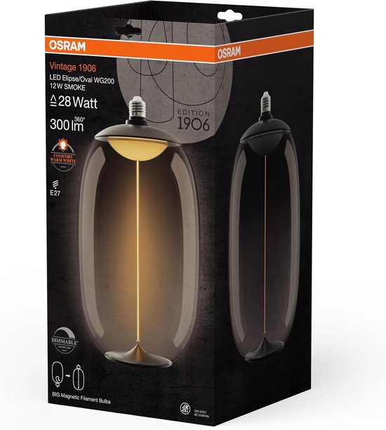 Led Rookglas Bol Grote Dimare LED Lamp E27 Rookglas Ellips Vintage Design 12W Warm Wit ...