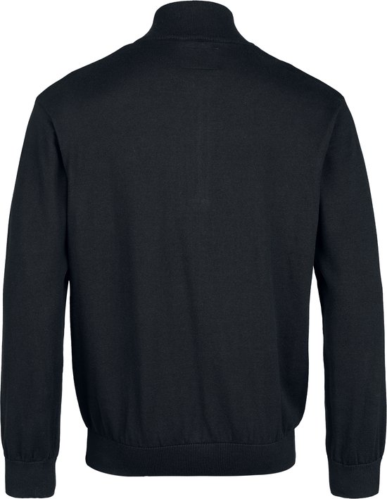 Zwarte gebreide trui met ritssluiting, ronde hals en lange mouwen. De achterkant is effen zwart.