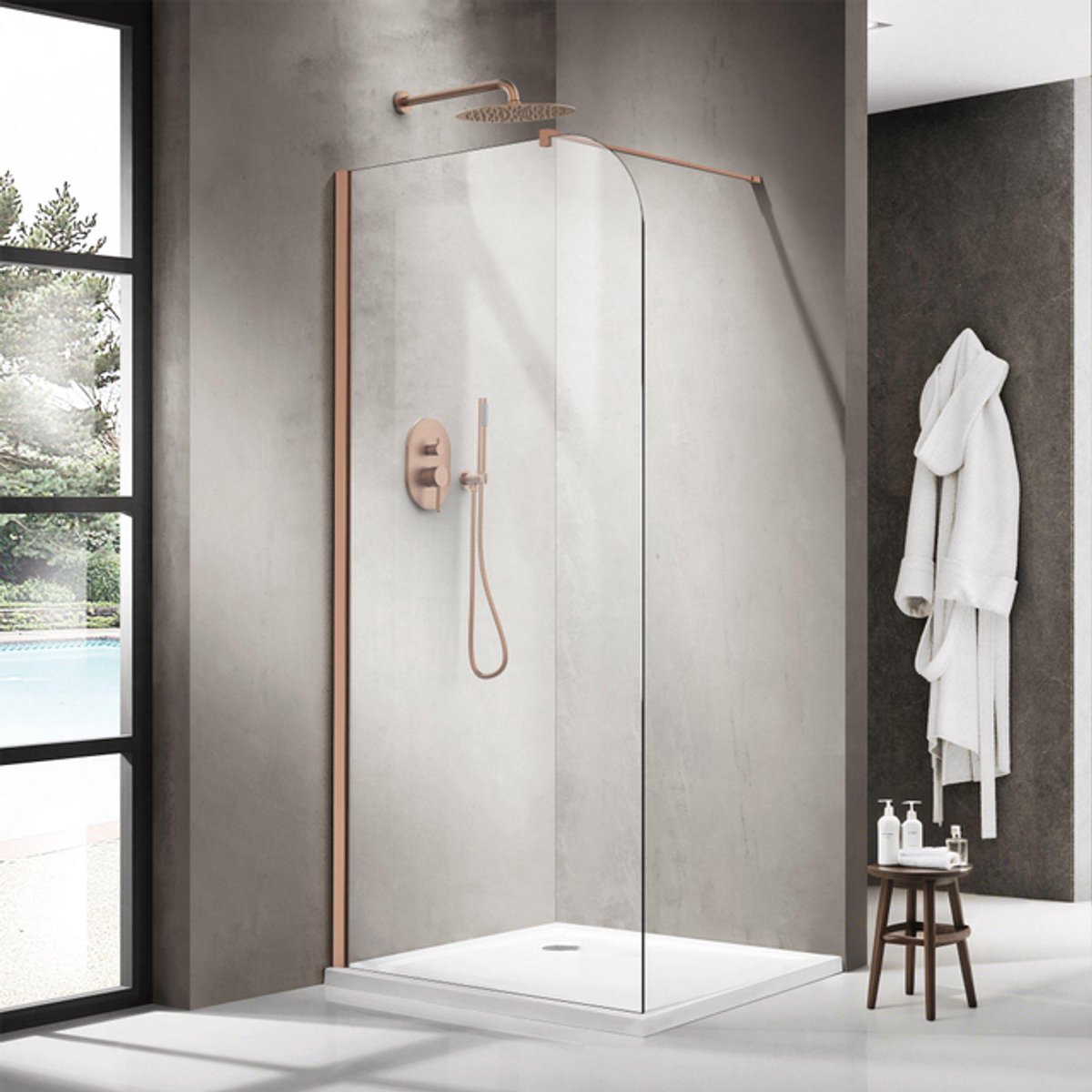 FugaFlow Eccelente Vetro Inloopdouche - 100x200cm - afgeronde glaswand - helder glas - wandarm - geborsteld koper (Koper)