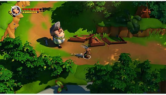 Gameplay: Een dikke Romein met een steen op zijn hoofd. Asterix met een speren.