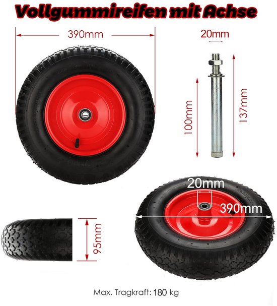 Wiltec steekwagenwiel compleet PU-wiel 3.50-8, kruiwagenwiel van polyurethaan massief rubber, luchtband met steekas lekbestendig tot 130 kg draaglast